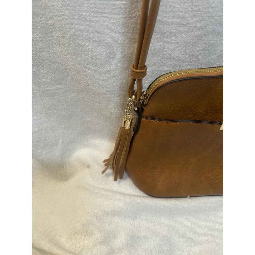 Small Crossbody Purse Camel Color Front Magnetic Pocket Zip Inside Pocket Strap